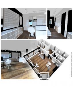 3d suunnitelma liiketilan sisustuksesta.